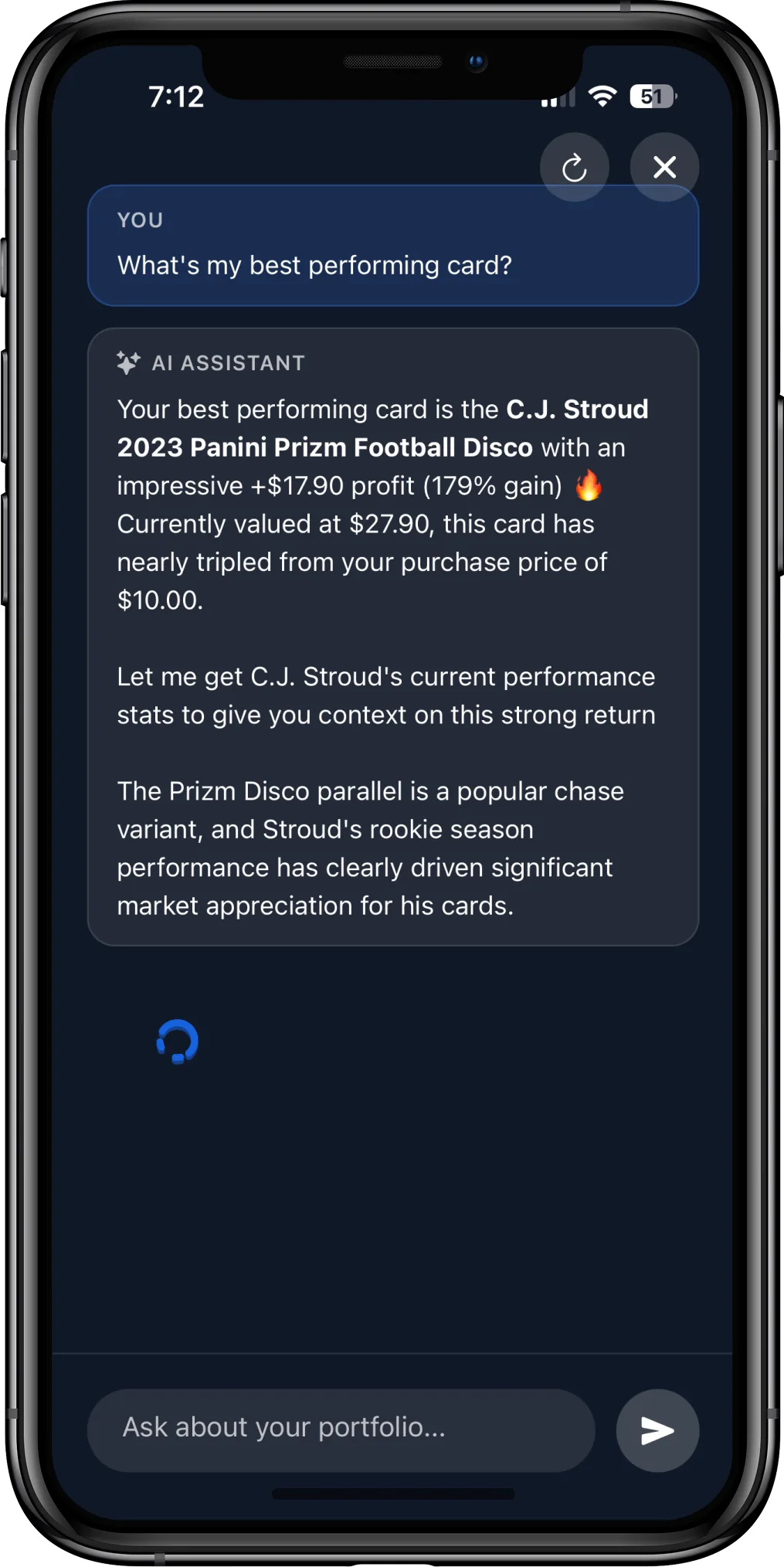CardChain AI assistant analyzing best performing card with profit data