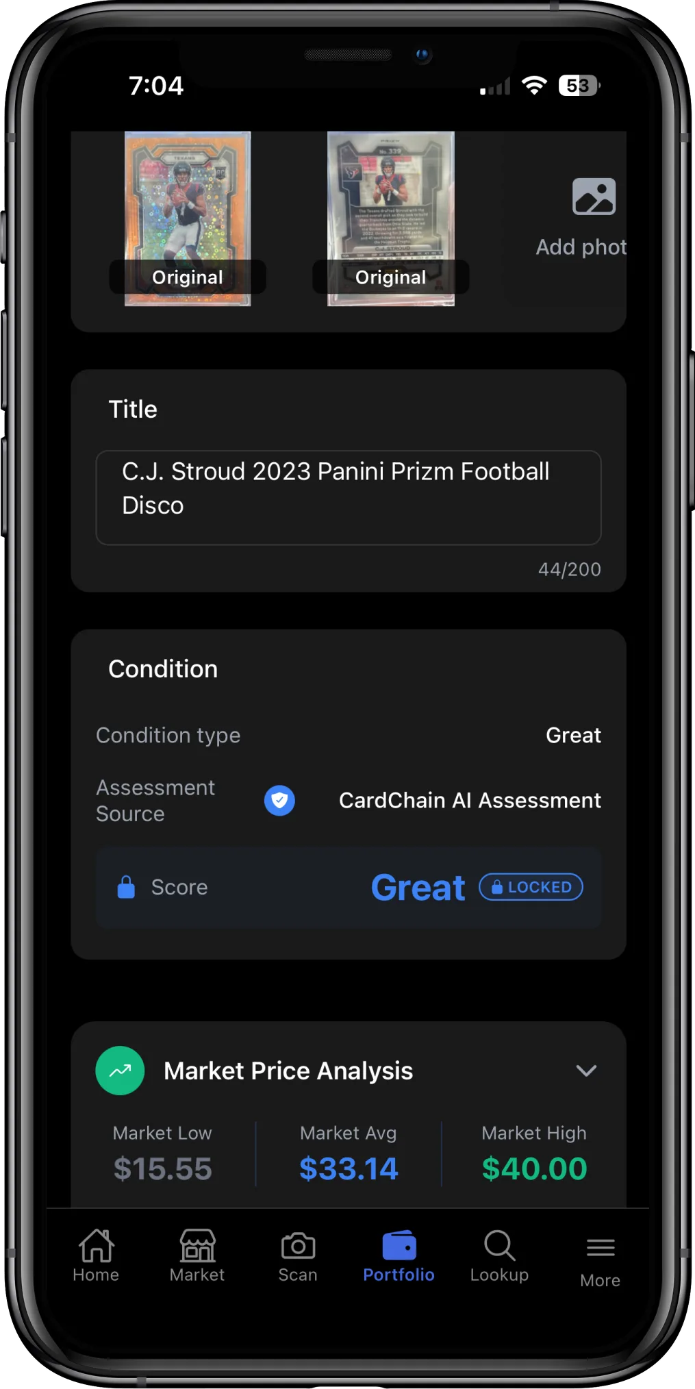 CardChain listing creation with AI condition assessment and market pricing