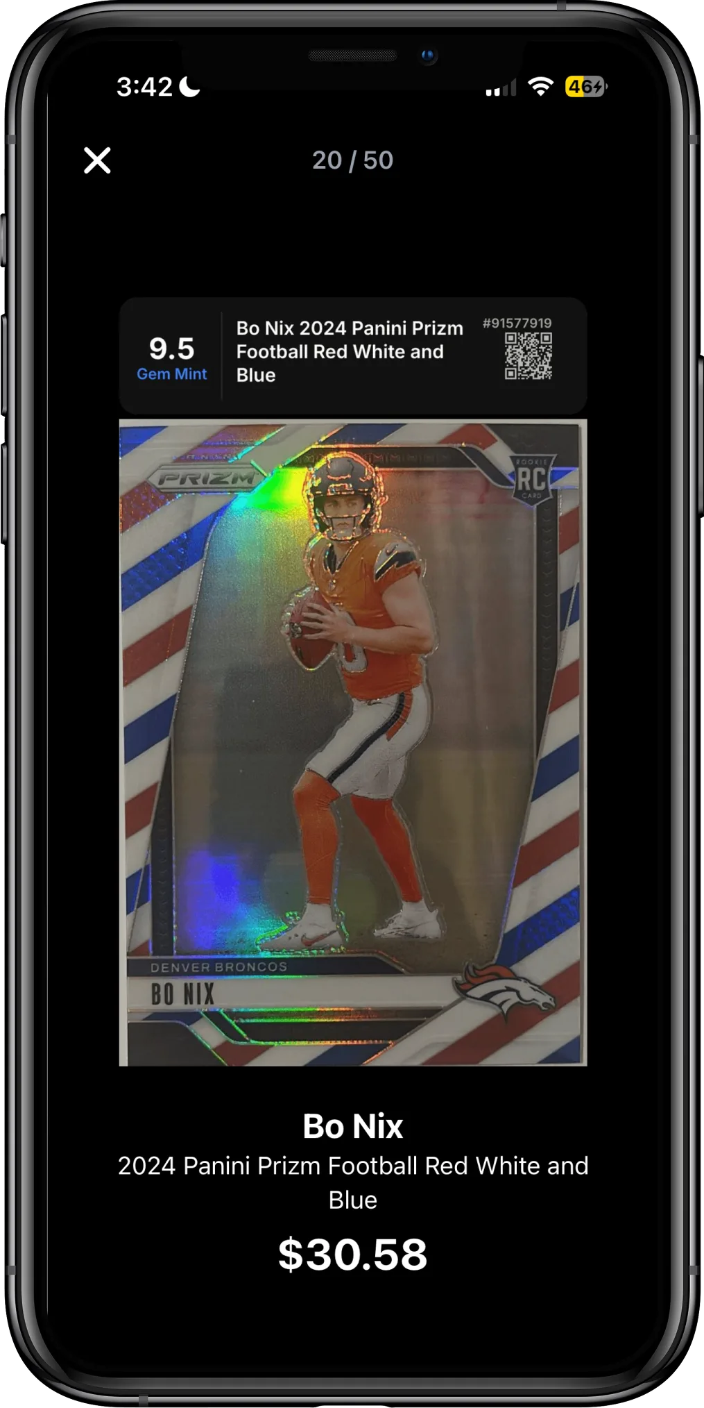 CardChain AI grading result showing 9.5 Gem Mint Bo Nix card with QR certificate