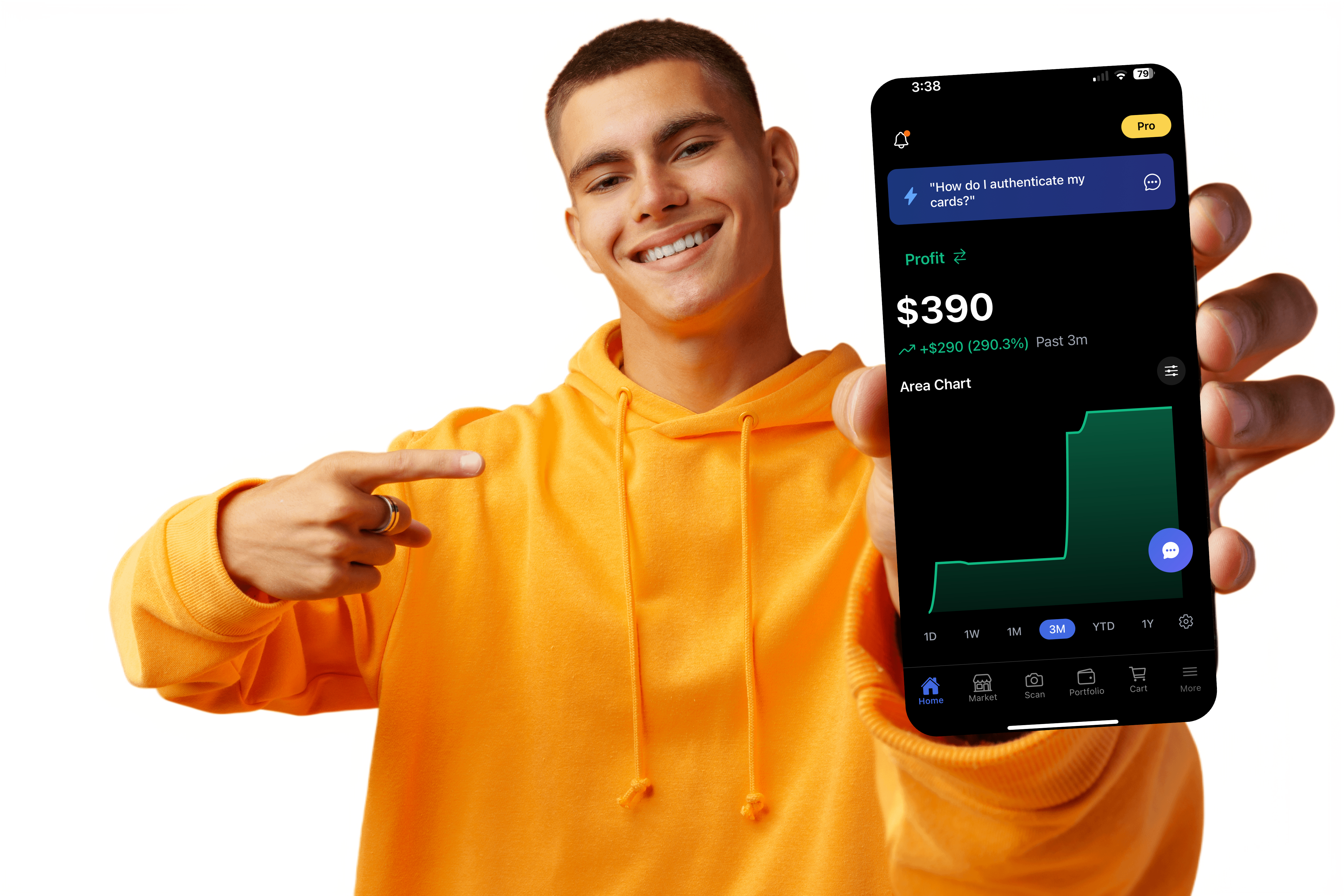 Happy CardChain user in orange hoodie pointing at mobile app showing $390 profit with 290.3% gains and AI chat asking about card authentication