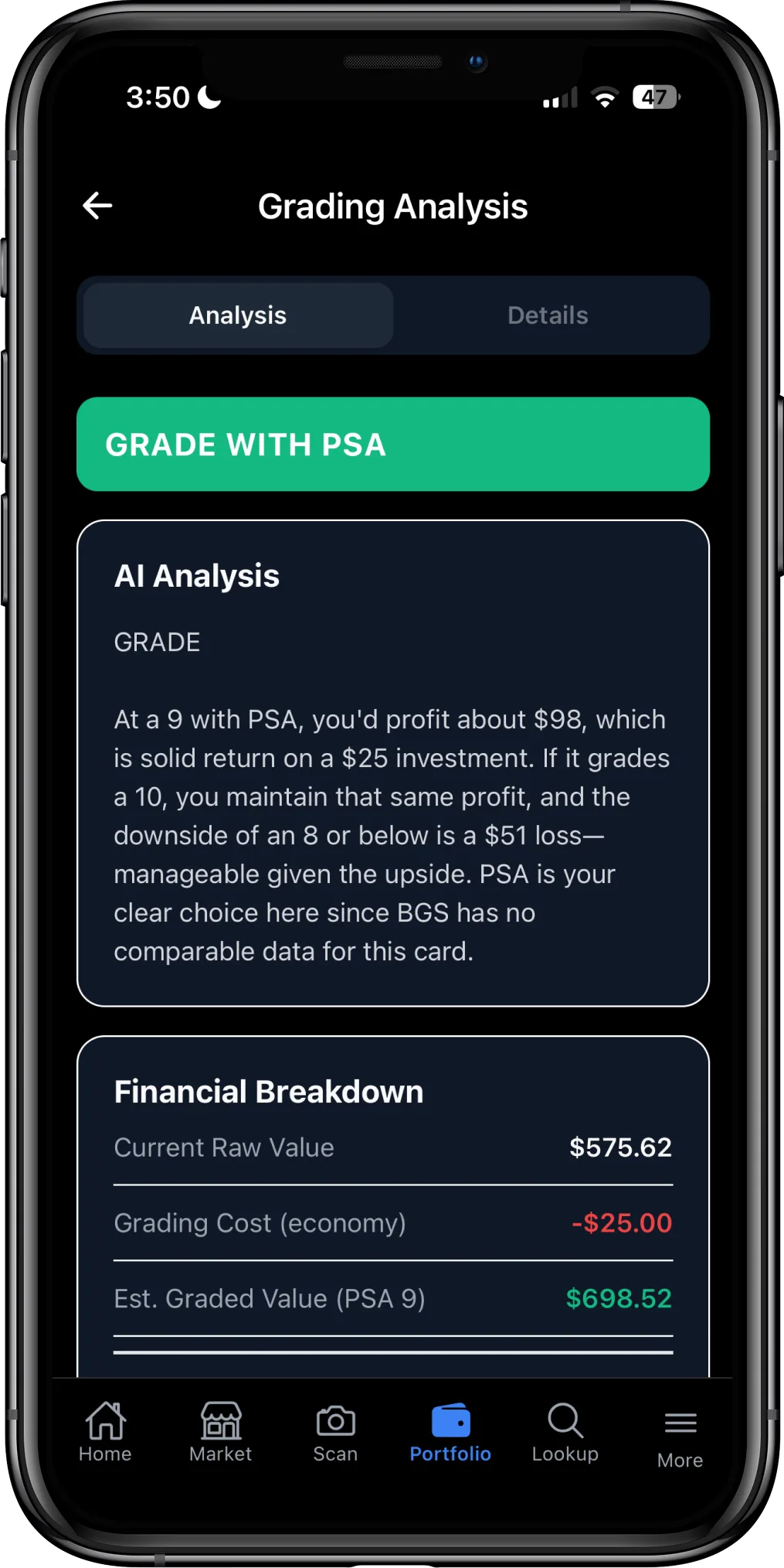 CardChain grading analysis showing $98 profit with PSA recommendation and financial breakdown